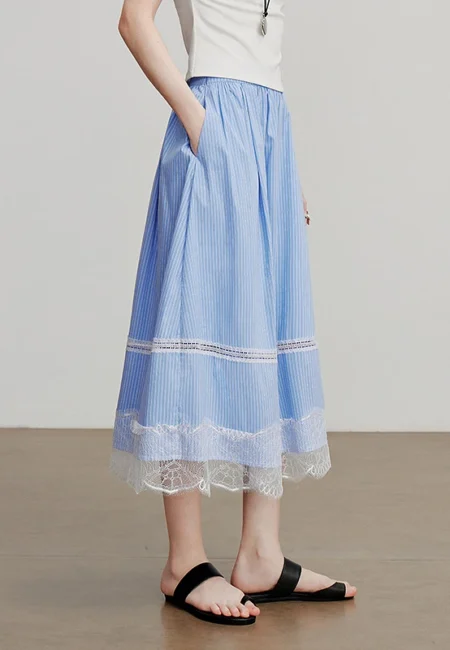 Light Blue Striped Lace A-Line Skirt for Summer Style