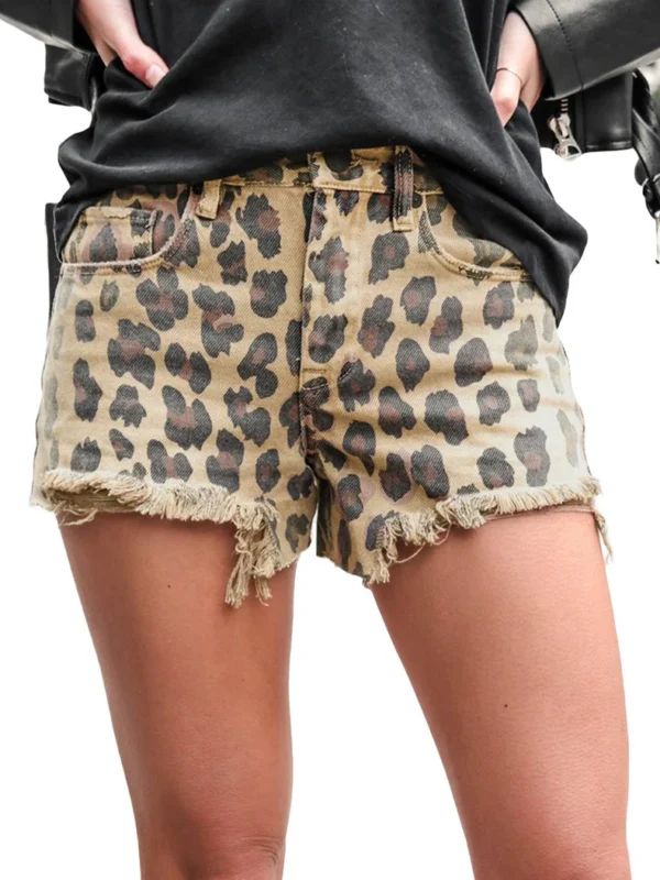 Leopard Print High-Waist Ripped Denim Shorts - Cotton Comfort