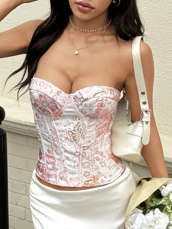 Pink Jacquard Floral Vest Women Strapless Fishbone Corset Crop Tops Sweet Girl Summer  Hollow Shapewear Camisole High Street