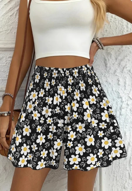 Floral Print Twill Shorts - Breathable Summer Comfort Black