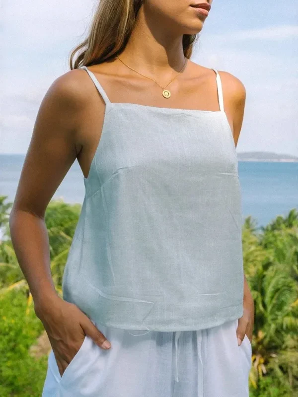 Blue 100% Linen Womens Tank Tops  Lace-up Backless Sleeveless Summer Chic Fashion Holiday Beach High Street Office Lady Vest
