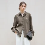 Vintage Linen Shirts Women Long Sleeve Button Up Turn Down Collar Casual Fashion Loose Blue Streetwear Office Lady Chic Blouse - Image 3