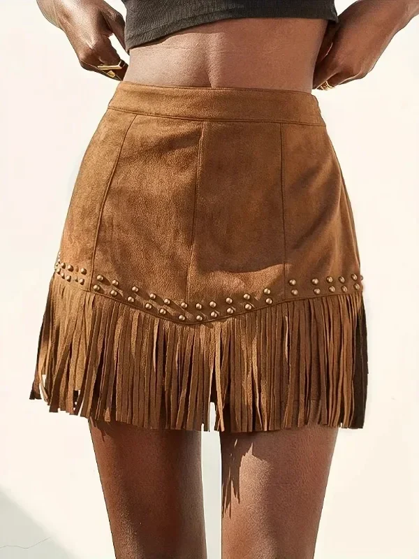 Chic Light Brown Suede Fringed Mini Skirt for Summer Style