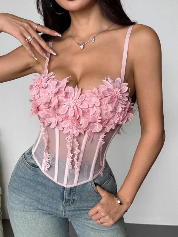 Pink Chic Gauze Flowers Crop Tops Women French Sweet Corset  Sleeveless  Halter Tank Top Ladies Camisole Shapewear Vests