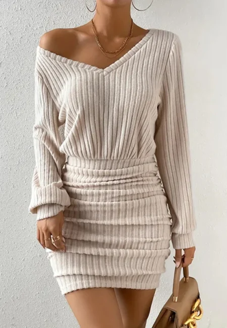 Warm Women's Knitted V-Neck Mini Dress for Autumn & Winter
