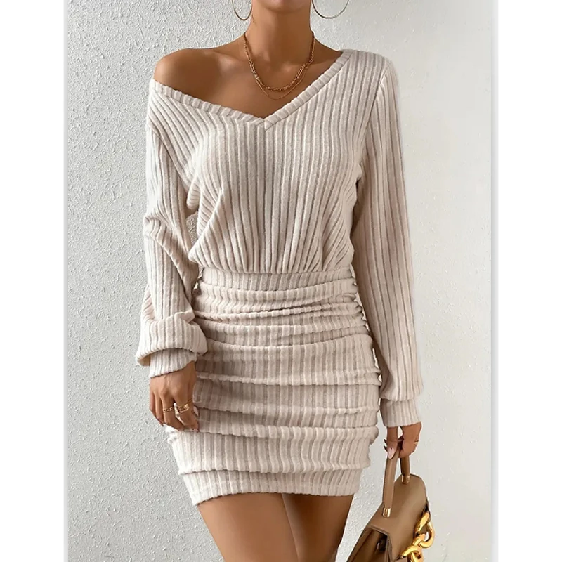 kf-Sec2dddfe8e4c4ee8a069451a6485254dD Warm Women's Knitted V-Neck Mini Dress for Autumn & Winter