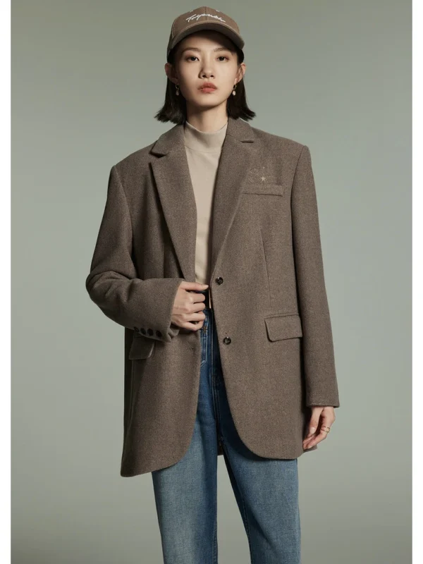 Toyouth Women Thick Warm Woolen Coat  Winter Long Sleeve Tailored Collar Loose Wide Shoulder Suit Jacket Fashion Outwear