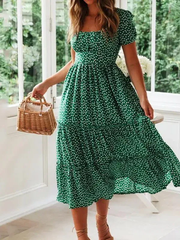 Floral Print Boho Puff Sleeve Chiffon Summer Dress