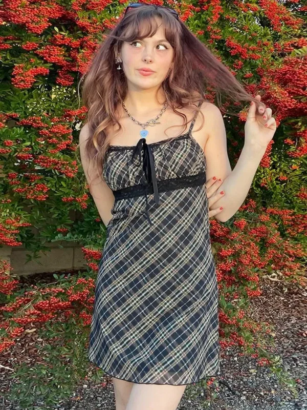 Plaid Mesh Mini Dress Lace Detail Spaghetti Strap Women