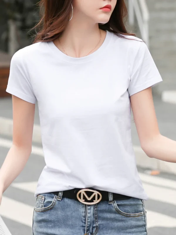 Summer Short Sleeve O-Neck Cotton Pink T-Shirt Women Solid Color Elegant Tshirts Lady  Soft Casual Fashion Tops
