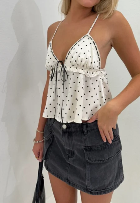 Vibrant Yellow Polka Dot Cami Tank with Lace Detail Y2 K Style