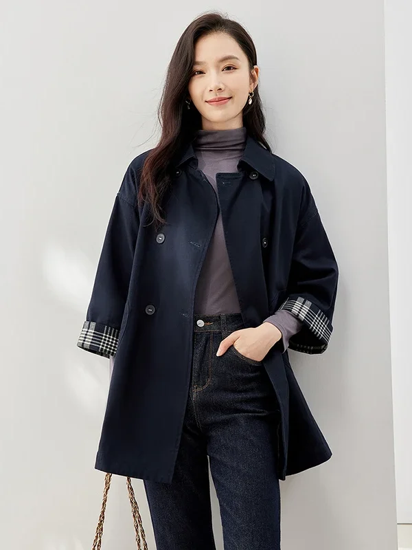TOYOUTH Women Plaid Pattern Windbreaker  Spring Retro British Cotton Coat