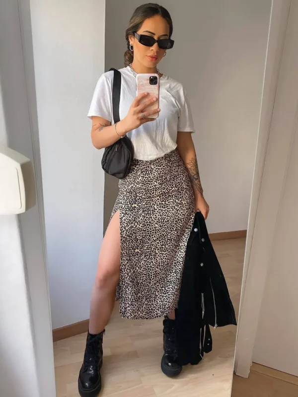 Spring High Waist Polka Dot Print Elastic A- Line Long Skirt Leopard Print Split Half-length Women's Fashionable Skirts