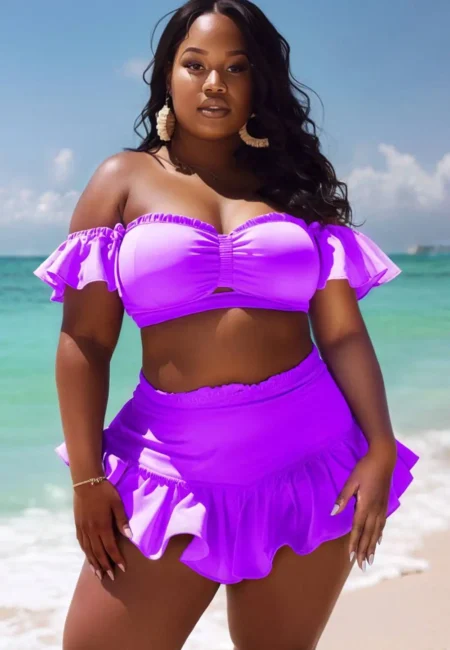 Plus Size Purple Off-Shoulder Ruffle Swimsuit Set