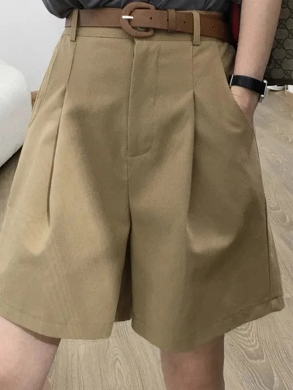 Khaki Wide Leg Shorts for Women Summer Thin Cotton A-Line Short Pants Office Lady Classic Loose Casual Zipper Women‘s Shorts