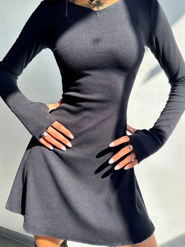 Chic Black Mini Dress for Women - V-Neck Long Sleeve Elegance