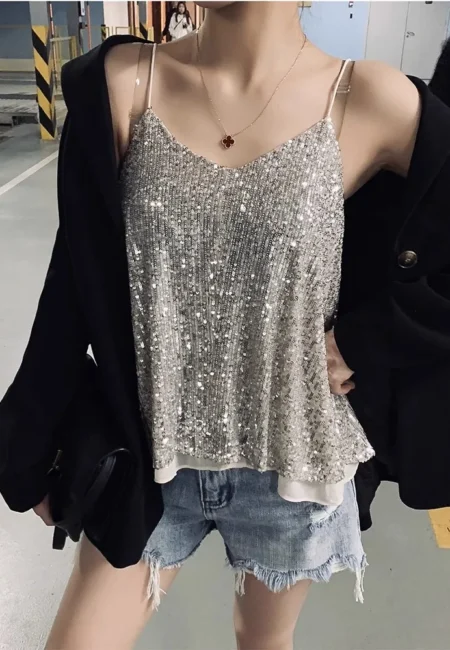 Dazzling Sequin Strap Vest for Summer Glam Nights