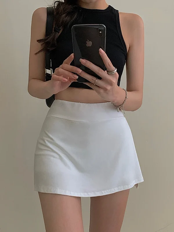 Black White Skort Split Mini Skirts Women Summer  Girls Sporty High Waist Slit Skirt Casual Fashion  A Line Skirt
