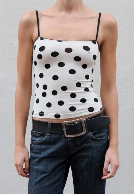 Polka Dot Cami Top Open Back Lace Detail Summer Crop Tank
