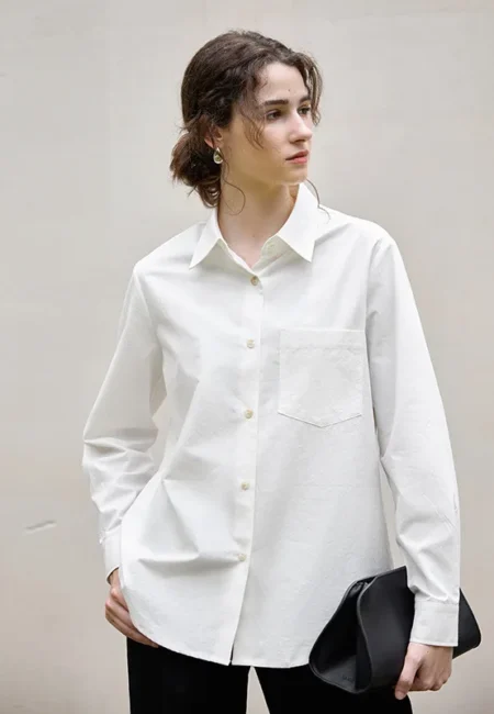 White Cotton Linen Blouse Women's Turn-Down Collar Button Top