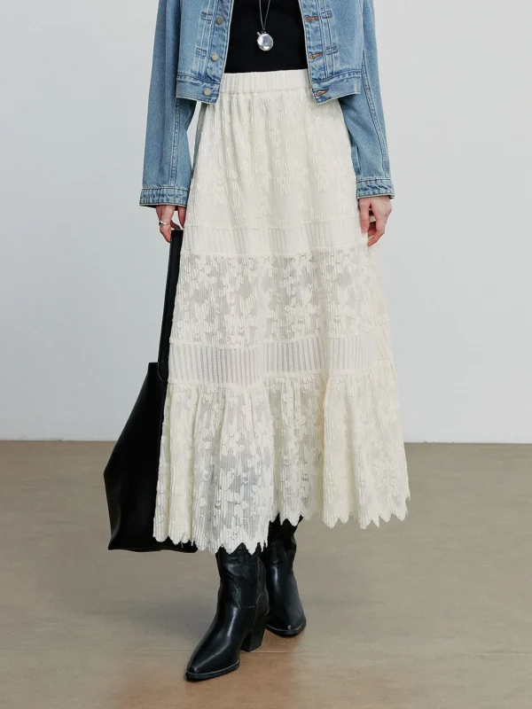 TOYOUTH Women Lace Skirt  Autumn New Style Boho Style Layer Splicing Elastic Waist A Line Ankle Length Skirt