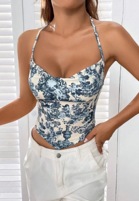 Luxe Polyester Spandex Crop Tank - Blue Champagne Summer Top