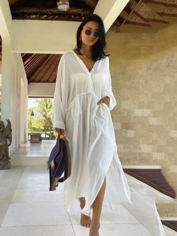 Moopsi 3 Flowing White Maxi Beach Coverup Dress with Side Slits