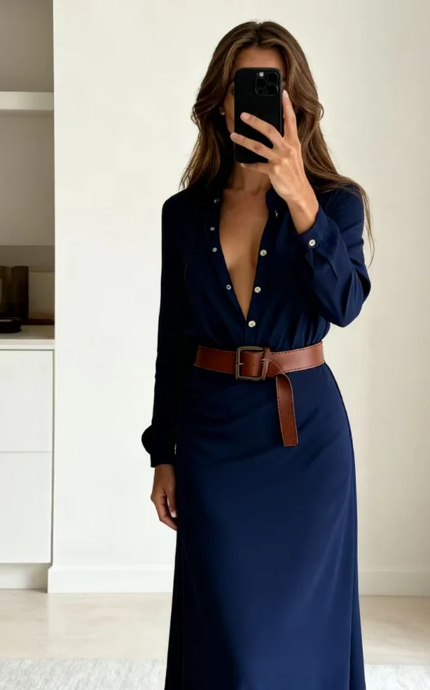 Belted V-Neck Maxi Dress Women Fall Long Sleeve Party Gown photo review