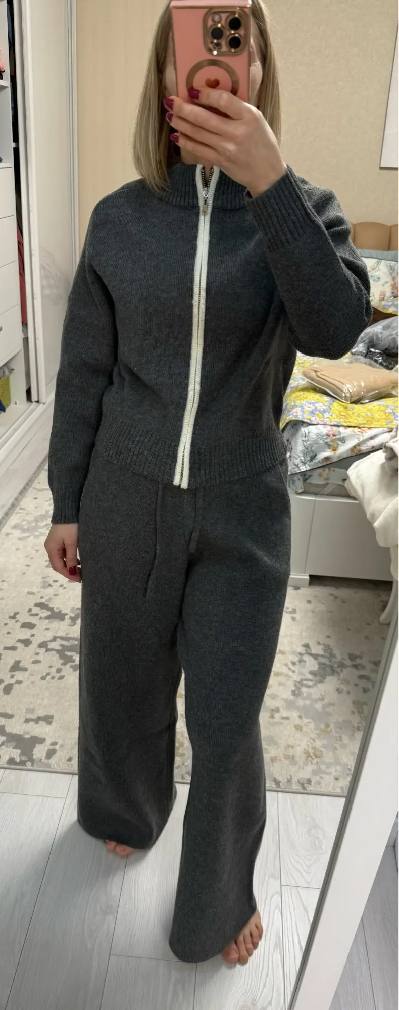 Winter Fleece Colorblock Tracksuit Set High Waist Wide Leg Gray photo review