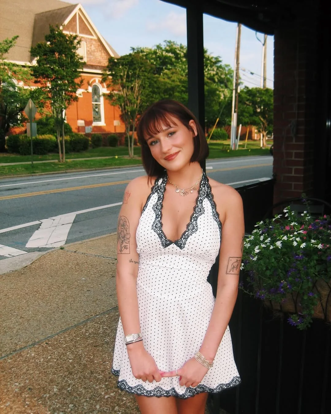 Elegant White Lace Polka Dot V-Neck Summer Dress photo review