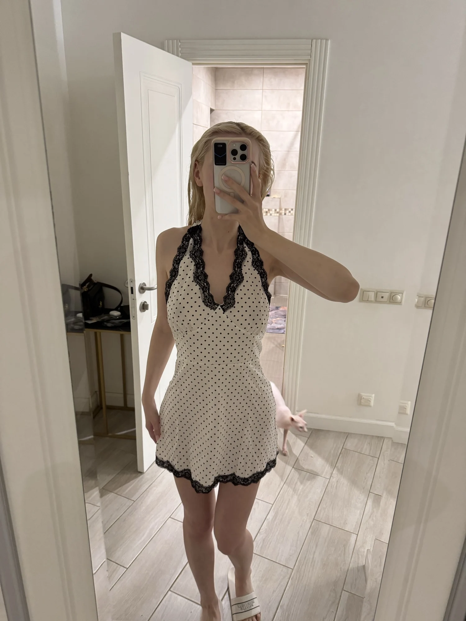 Elegant White Lace Polka Dot V-Neck Summer Dress photo review