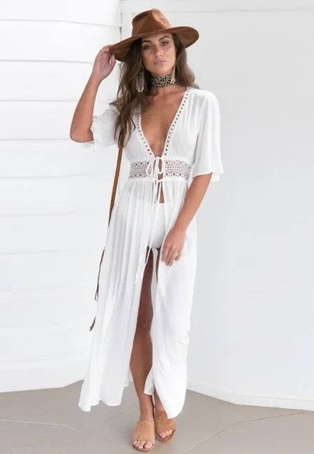 White V-Neck Maxi Beach Cover Up - Flowy Summer Tunic Dress