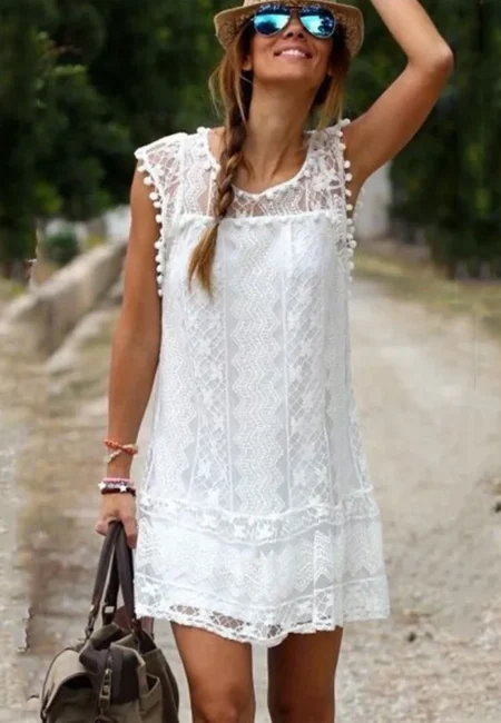 Boho White Lace Mini Dress | Playful Pom Poms | All Sizes