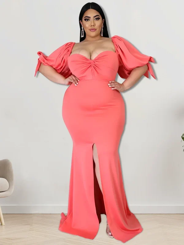 Elegant Bubble Sleeve A-Line Dress Split Hem Summer Style