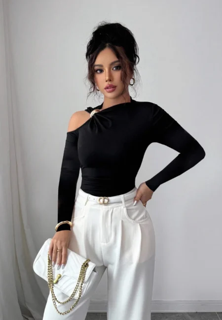 Modern Statement Off-Shoulder Knit: Asymmetric Metal Trim