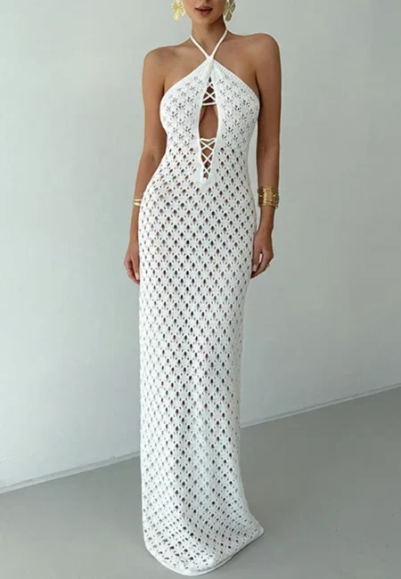 Hollow Out Knitted Beach Cover Up Dress - Backless Summer Vibes
