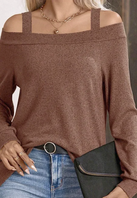 Refined Brown Off-Shoulder Top - Comfy Stretch Polyester