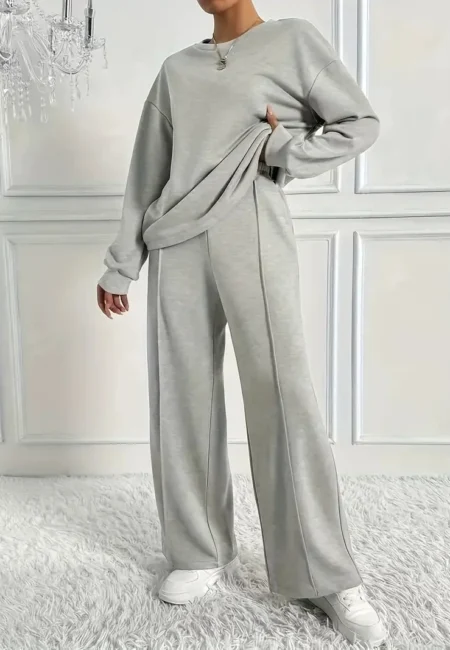 Cozy Cotton Blend Lounge Set Women Wide Leg Pants Sweatshirt
