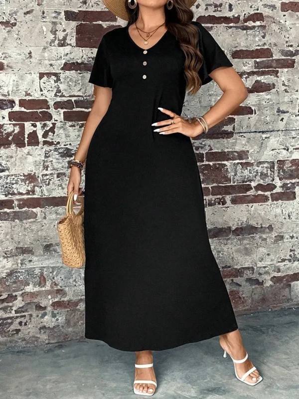 Comfortable A-Line Ruffle Dress: Flattering Fit, Black V-Neck