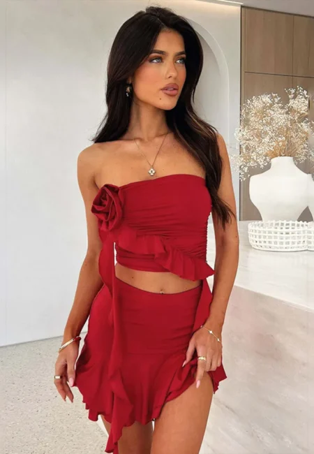 Elegant Women's Rose Ruffled Crop Top & Mini Skirt Set