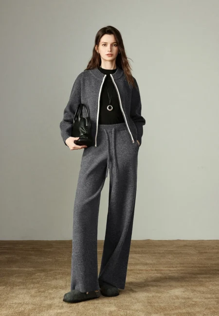 Winter Fleece Colorblock Tracksuit Set High Waist Wide Leg Gray