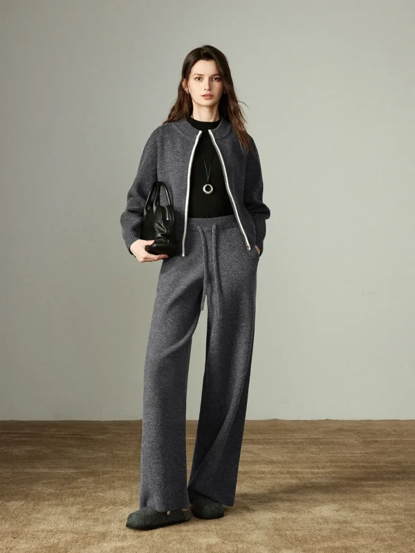 Winter Fleece Colorblock Tracksuit Set High Waist Wide Leg Gray