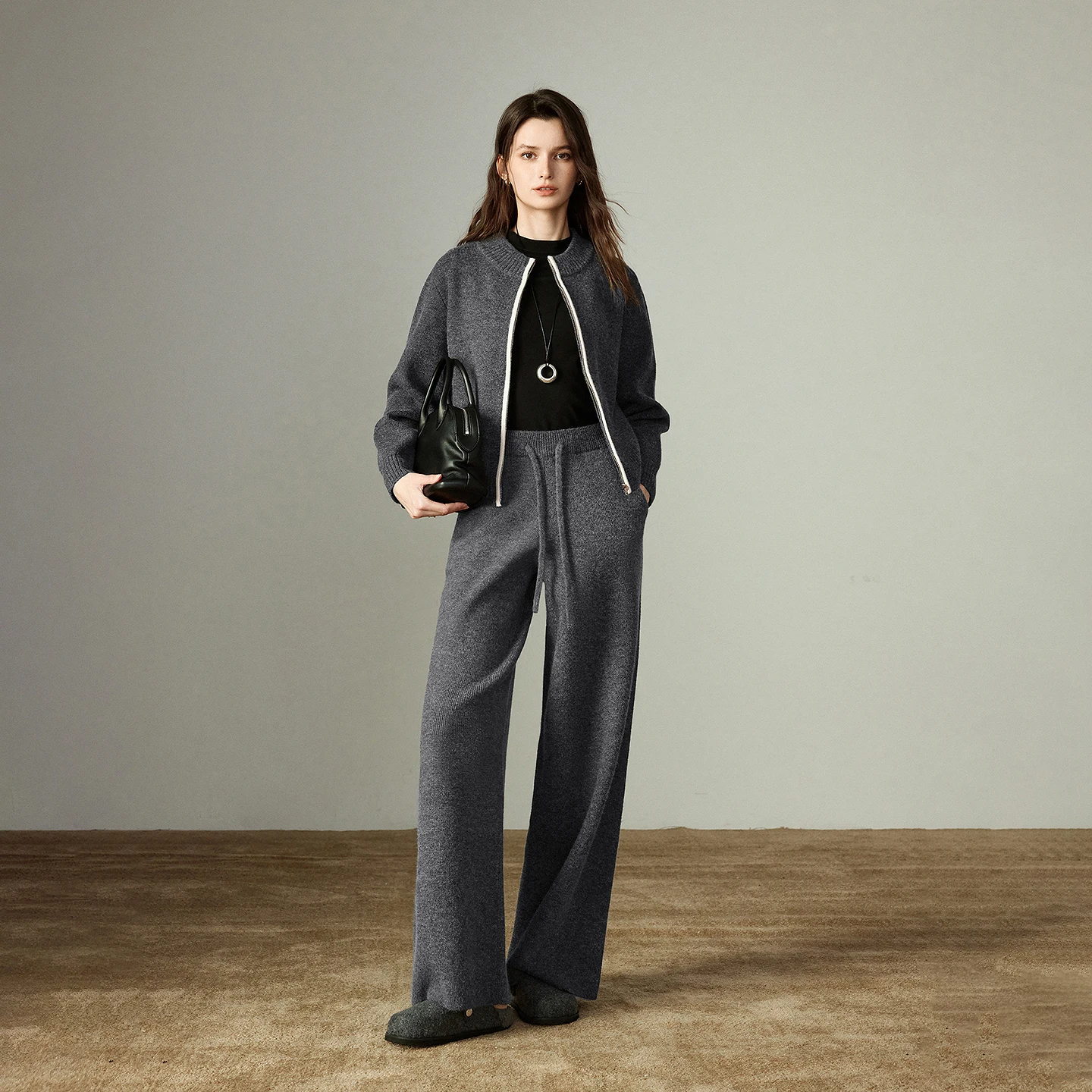 kf-S33c06d189ee244159b4373993f790743U Winter Fleece Colorblock Tracksuit Set High Waist Wide Leg Gray