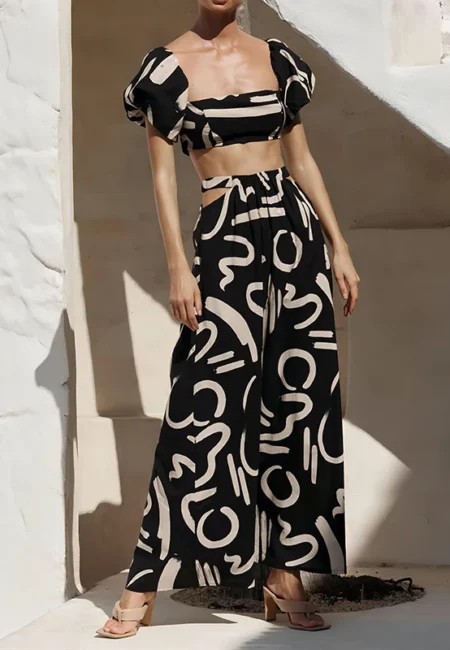 Stylish Puff Sleeve Crop Top & Hollow Waist Maxi Dress Set