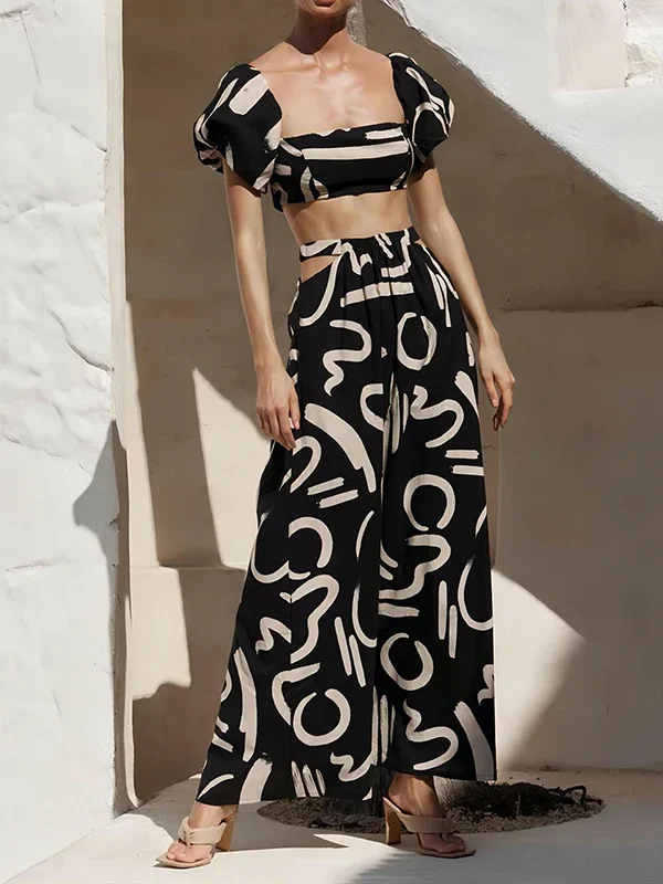 Stylish Puff Sleeve Crop Top & Hollow Waist Maxi Dress Set