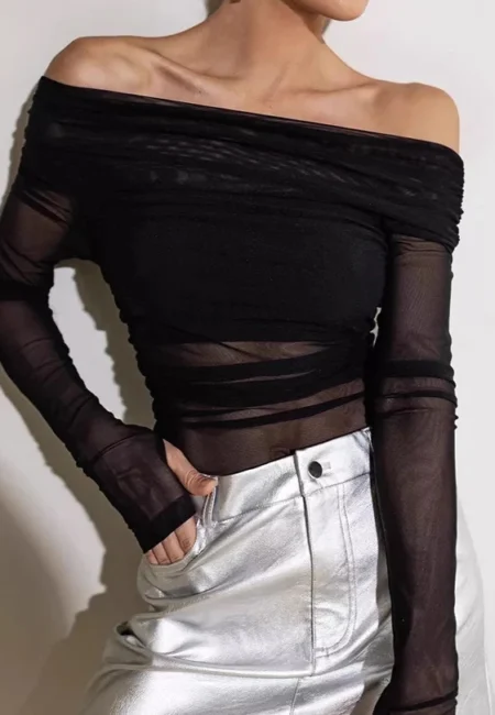 Sheer Mesh Off-Shoulder Long Sleeve Tee - Edgy Women's Top