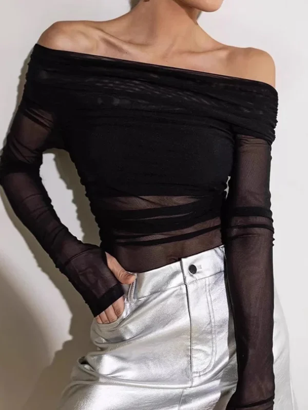 Sheer Mesh Off-Shoulder Long Sleeve Tee - Edgy Women's Top
