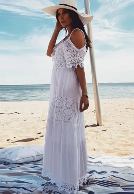 Elegant Lace Kaftan Beach Coverup - Flowy White Maxi Dress