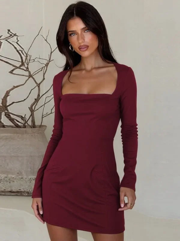 Moopsi 69 Elegant Square Neck Bodycon Mini Dress with Zipper