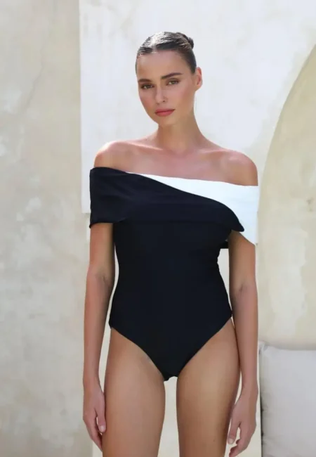Striking Color Block Off-Shoulder High-Waist Swim Set